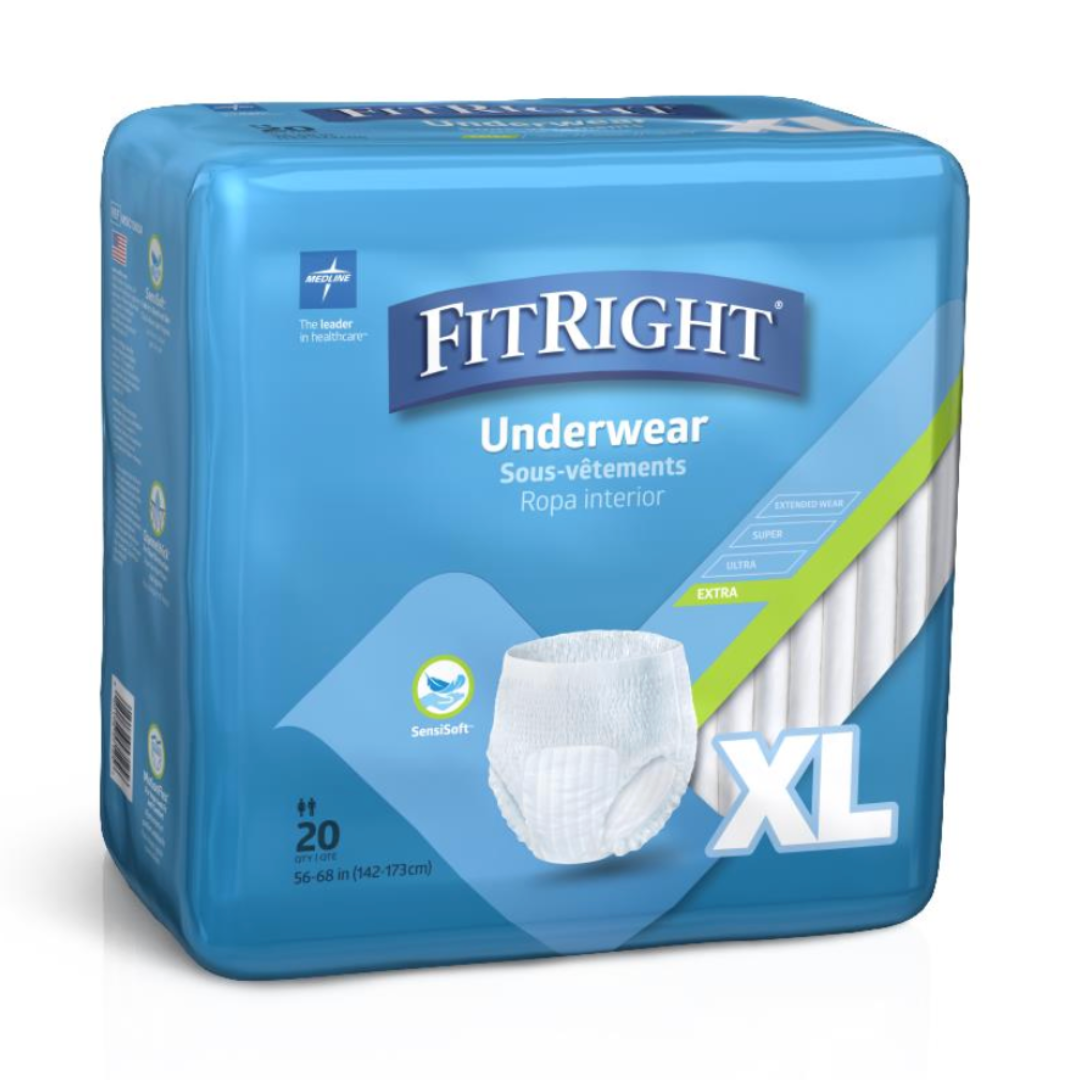 The FitRight Unisex Extra Adult Pull-Up Underwear is displayed against a blue background and offers max absorbency, comfort, and confidence incontinence briefs. The pack includes 20 pieces for waist sizes 56-68 inches (142-173 cm) in size XL.